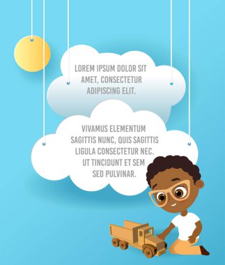 Vektör kağıt sanatı bulut ve araba. Şablon reklam broşür metin için yer ile. Origami kavramı afiş. Komik karikatür çocuklarla banner