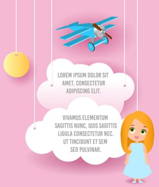 Sevimli kız çizgi film karakteri. Bulut ve uçak gökyüzünde uçan kağıt sanat vektör. Şablon reklam broşür metin için yer ile. Origami kavramı afiş. Komik karikatür çocuklarla banner.