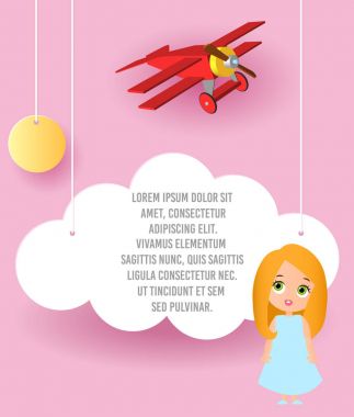 Sevimli kız çizgi film karakteri. Bulut ve uçak gökyüzünde uçan kağıt sanat vektör. Şablon reklam broşür metin için yer ile. Origami kavramı afiş. Komik karikatür çocuklarla banner.
