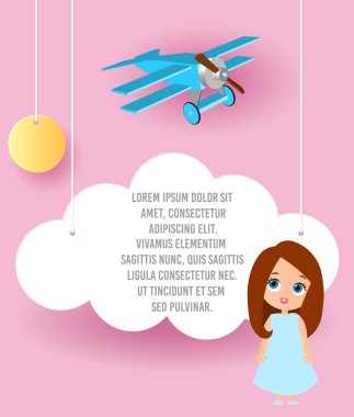 Sevimli kız çizgi film karakteri. Bulut ve uçak gökyüzünde uçan kağıt sanat vektör. Şablon reklam broşür metin için yer ile. Origami kavramı afiş. Komik karikatür çocuklarla banner.