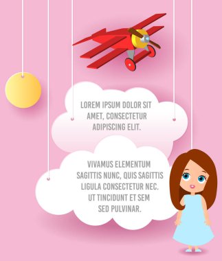 Sevimli kız çizgi film karakteri. Bulut ve uçak gökyüzünde uçan kağıt sanat vektör. Şablon reklam broşür metin için yer ile. Origami kavramı afiş. Komik karikatür çocuklarla banner.