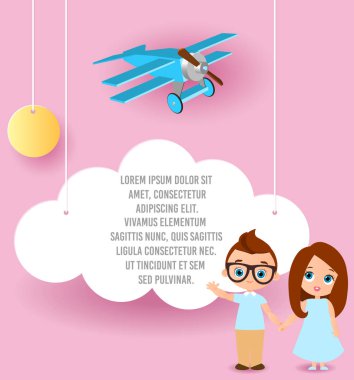 Gözlüklü kız ve genç bir çocuk. Bulut ve uçak gökyüzünde uçan kağıt sanat vektör. Şablon reklam broşür metin için yer ile. Origami kavramı afiş. Komik karikatür çocuklarla banner
