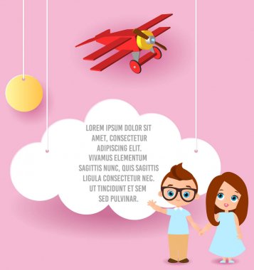 Gözlüklü kız ve genç bir çocuk. Bulut ve uçak gökyüzünde uçan kağıt sanat vektör. Şablon reklam broşür metin için yer ile. Origami kavramı afiş. Komik karikatür çocuklarla banner