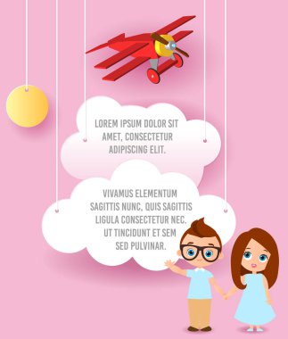 Gözlüklü kız ve genç bir çocuk. Bulut ve uçak gökyüzünde uçan kağıt sanat vektör. Şablon reklam broşür metin için yer ile. Origami kavramı afiş. Komik karikatür çocuklarla banner