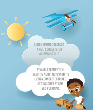 Afro-Amerikan çocuk oyuncak araba. Çocuk oyun araba. Vektör kağıt sanatı Araba, bulut ve uçak gökyüzünde. Şablon reklam broşür metin için yer ile. Origami kavramı afiş. Komik ca ile banner