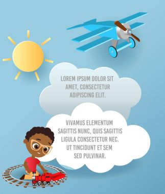 Gözlük ve oyuncak tren Afro-Amerikan çocuk. Tren ile oynayan çocuk. Bulut ve uçak gökyüzünde uçan kağıt sanat vektör. Şablon reklam broşür metin için yer ile. Origami kavramı Banne