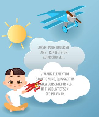 Bulut ve uçak gökyüzünde uçan kağıt sanat vektör. Şablon reklam broşür metin için yer ile. Origami kavramı afiş. Komik karikatür çocuklarla banner