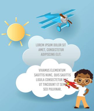 Bulut ve uçak gökyüzünde uçan kağıt sanat vektör. Şablon reklam broşür metin için yer ile. Origami kavramı afiş. Gözlüklü Afro-Amerikan çocuk ile banner.