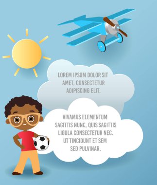 Gökyüzünde bulut kağıt sanat vektör. Şablon reklam broşür metin için yer ile. Origami kavramı afiş. Afro-Amerikan çocuk sporcu ile banner.