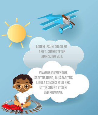 Gözlük ve oyuncak tren Afro-Amerikan çocuk. Tren ile oynayan çocuk. Bulut ve uçak gökyüzünde uçan kağıt sanat vektör. Şablon reklam broşür metin için yer ile. Origami kavramı Banne