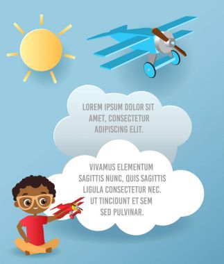 Bulut ve uçak gökyüzünde uçan kağıt sanat vektör. Şablon reklam broşür metin için yer ile. Origami kavramı afiş. Gözlüklü Afro-Amerikan çocuk ile banner.