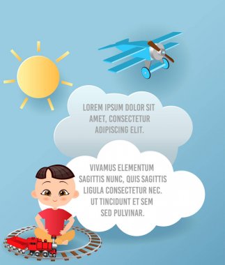 Gökyüzünde bulut kağıt sanat vektör. Şablon reklam broşür metin için yer ile. Origami kavramı afiş. Japon çocuk oyuncak tren ile banner.