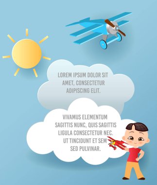 Bulut ve uçak gökyüzünde uçan kağıt sanat vektör. Şablon reklam broşür metin için yer ile. Origami kavramı afiş. Komik karikatür çocuklarla banner