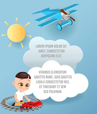 Gökyüzünde bulut kağıt sanat vektör. Şablon reklam broşür metin için yer ile. Origami kavramı afiş. Japon çocuk oyuncak tren ile banner.