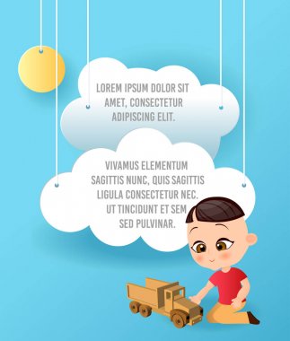 Vektör kağıt sanatı bulut ve araba. Şablon reklam broşür metin için yer ile. Origami kavramı afiş. Komik karikatür çocuklarla banner