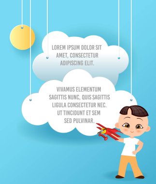 Vektör kağıt sanatı bulut ve uçak gökyüzünde. Şablon reklam broşür metin için yer ile. Origami kavramı afiş. Komik karikatür çocuklarla banner