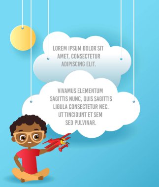 Gözlük ve oyuncak uçak Afro-Amerikan çocuk. Uçak ile oynayan çocuk. Vektör kağıt sanatı bulut ve uçak gökyüzünde. Şablon reklam broşür metin için yer ile. Origami kavramı afiş.