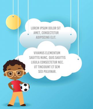 Gökyüzünde bulut kağıt sanat vektör. Şablon reklam broşür metin için yer ile. Origami kavramı afiş. Afro-Amerikan çocuk sporcu ile banner.