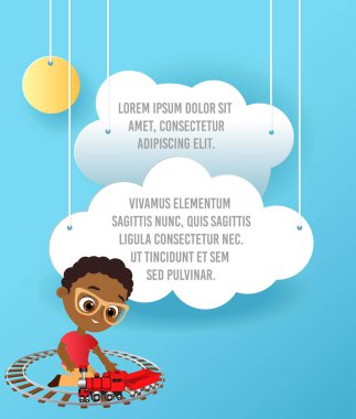 Gözlük ve oyuncak tren Afro-Amerikan çocuk. Tren ile oynayan çocuk. Gökyüzünde uçan bulut kağıt sanat vektör. Şablon reklam broşür metin için yer ile. Origami kavramı afiş. Afiş 