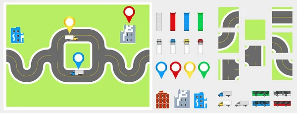 Cityscape tasarım öğeleriyle road, ulaşım, binalar, gezinti pimleri. Yol haritası vektör çizim eps 10. Vektör çizim, web sitesi, infographics şablon için kullanılabilir. — Stok Vektör