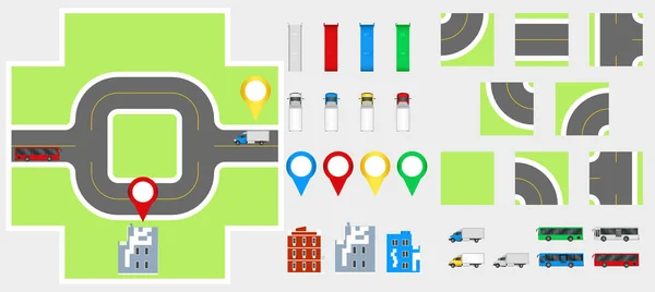 Cityscape Elementi di design con strada, trasporti, edifici, perni di navigazione. Mappa stradale Illustrazione vettoriale eps 10. Può essere utilizzato per illustrazione vettoriale, sito web, modello infografico . — Vettoriale Stock