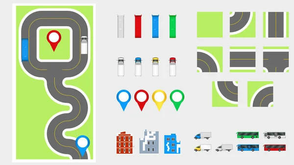 Cityscape σχεδιαστικά στοιχεία με το δρόμο, μεταφορές, κτίρια, καρφίτσες πλοήγησης. Οδικός Χάρτης διανυσματικά εικονογράφηση eps 10. Μπορεί να χρησιμοποιηθεί για την εικονογράφηση διάνυσμα, web site, infographics πρότυπο. — Διανυσματικό Αρχείο