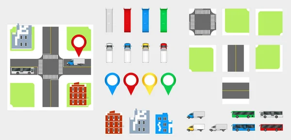 Elementos de diseño de paisaje urbano con carretera, transporte, edificios, pines de navegación. Mapa de carreteras Ilustración vectorial eps 10. Puede ser utilizado para la ilustración de vectores, sitio web, plantilla de infografías . — Vector de stock