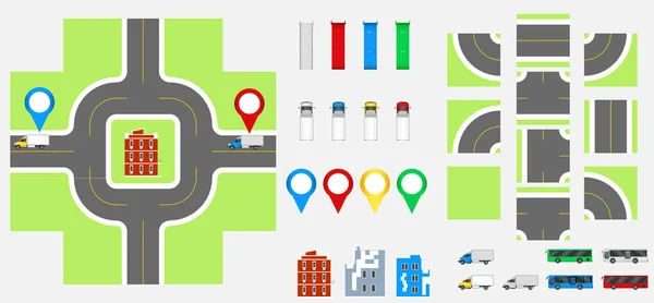 Cityscape Design Elementos com estrada, transporte, edifícios, pinos de navegação. Road Map Ilustração vetorial eps 10. Pode ser usado para ilustração vetorial, site, modelo de infográficos . —  Vetores de Stock