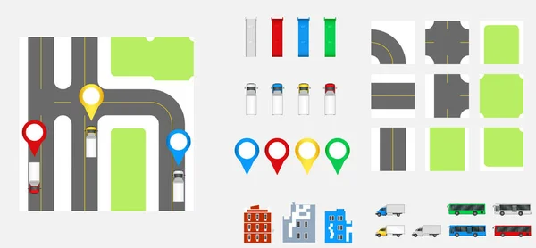 Cityscape Design Elements with road, transport, buildings, navigation pins. Road Map Vector illustration eps 10. May be used for vector illustration, web site, infographics template. — Stock Vector