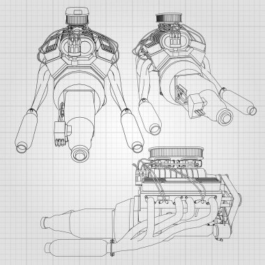 Güçlü araba motoru çeşitli türleri kümesi. Motor bir kafes içinde bir beyaz sayfa üzerinde siyah çizgiler ile çizilir