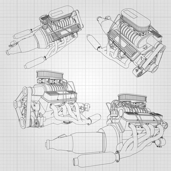 Um conjunto de vários tipos de motor de carro poderoso. O motor desenha-se com linhas pretas em uma folha branca em uma jaula —  Vetores de Stock