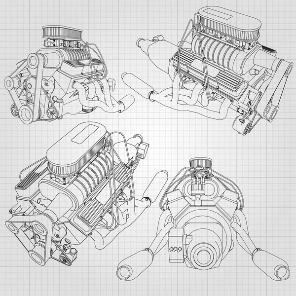 Un conjunto de varios tipos de motor de coche de gran alcance. El motor se dibuja con líneas negras en una hoja blanca en una jaula — Vector de stock