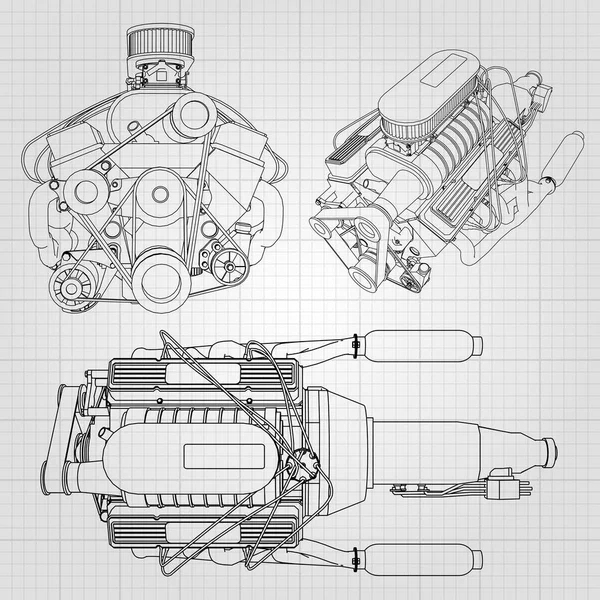 Una serie di diversi tipi di motori per auto potenti. Il motore è disegnato con linee nere su un foglio bianco in una gabbia — Vettoriale Stock