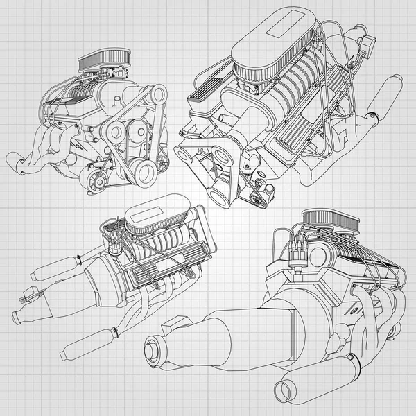 Набір з декількох типів потужного автомобільного двигуна. Двигун намальований чорними лініями на білому аркуші в клітці — стоковий вектор