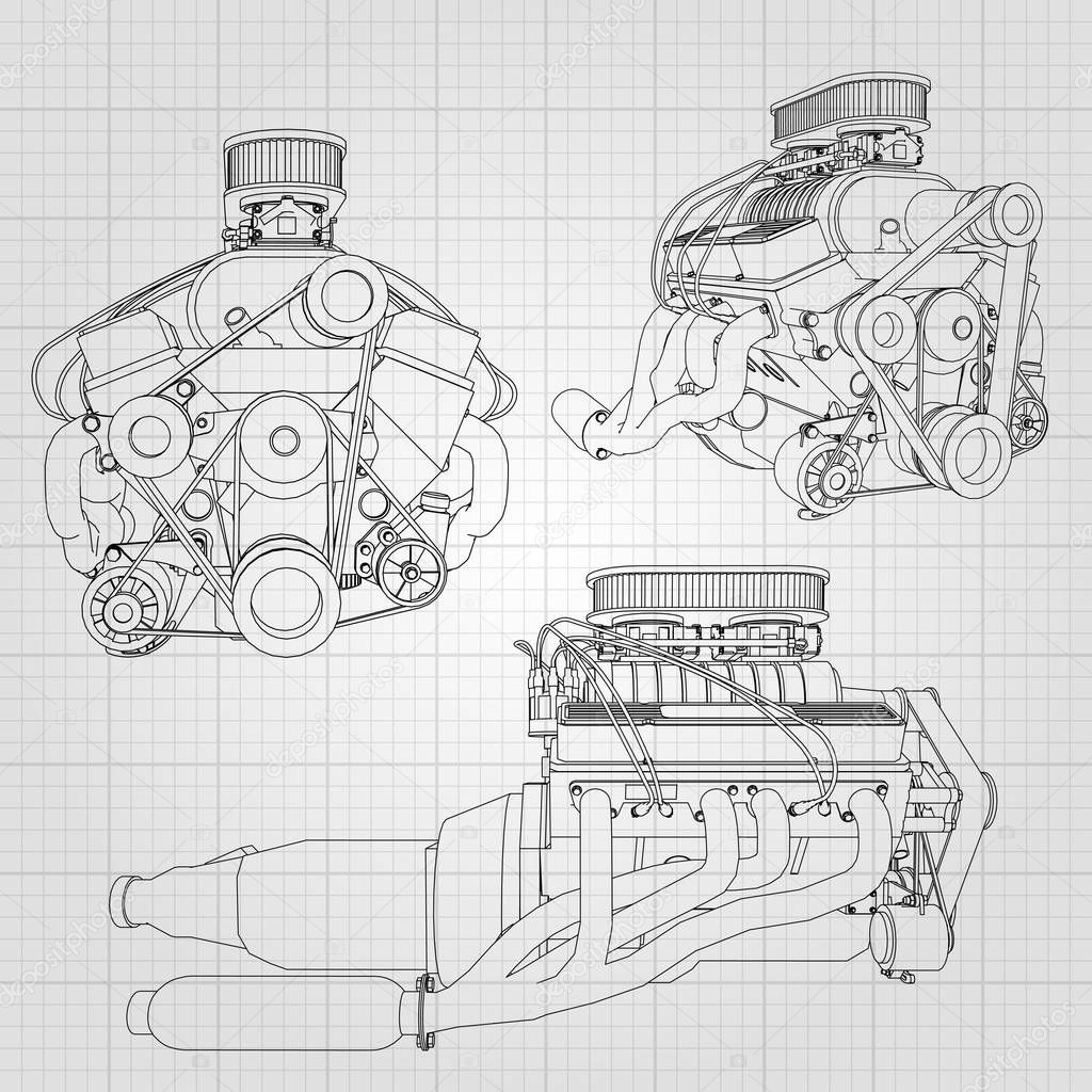 A set of several types of powerful car engine. The engine is drawn with black lines on a white sheet in a cage