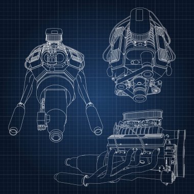 Güçlü araba motoru çeşitli türleri kümesi. Motor ile beyaz çizgiler bir kafes içinde bir koyu mavi kağıda çizilir