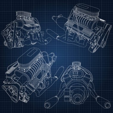 Güçlü araba motoru çeşitli türleri kümesi. Motor ile beyaz çizgiler bir kafes içinde bir koyu mavi kağıda çizilir