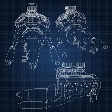 Güçlü araba motoru çeşitli türleri kümesi. Motor ile beyaz çizgiler bir kafes içinde bir koyu mavi kağıda çizilir