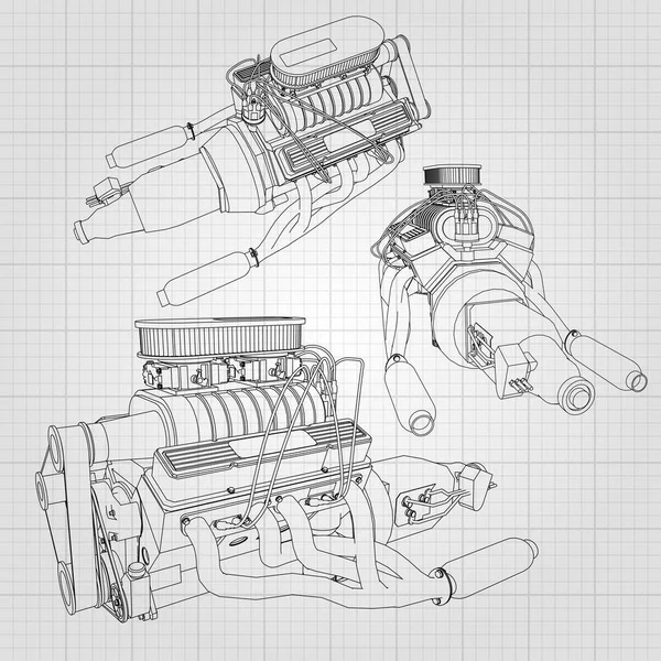 Um conjunto de vários tipos de motor de carro poderoso. O motor desenha-se com linhas pretas em uma folha branca em uma jaula — Vetor de Stock