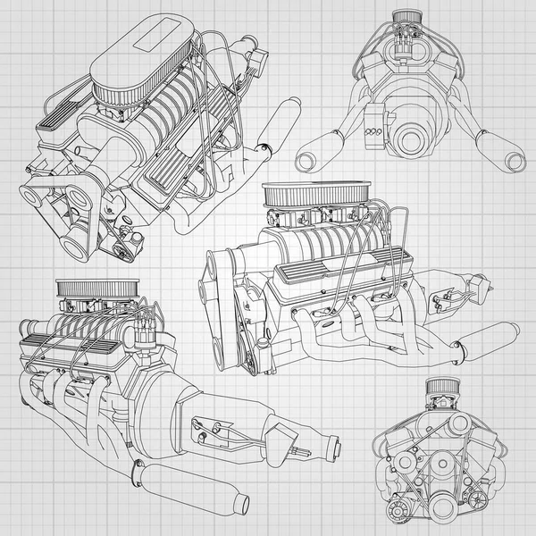 Набор из нескольких типов мощных автомобильных двигателей. Двигатель нарисован черными линиями на белом листе в клетке — стоковый вектор