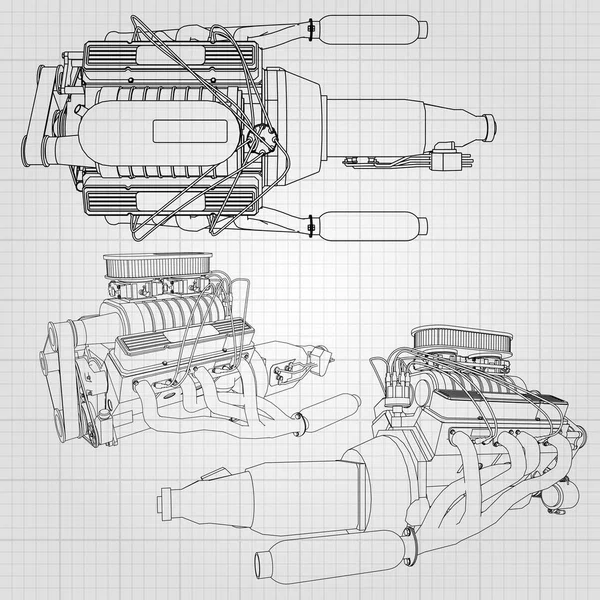 Una serie di diversi tipi di motori per auto potenti. Il motore è disegnato con linee nere su un foglio bianco in una gabbia — Vettoriale Stock