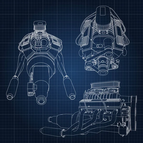 Набір з декількох типів потужного автомобільного двигуна. Двигун намальований білими лініями на темно-синьому аркуші в клітці — стоковий вектор