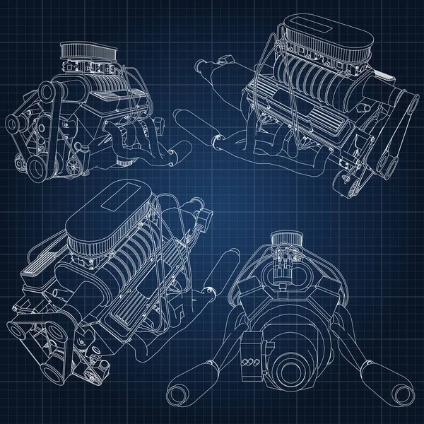 En uppsättning av flera typer av kraftfulla bilmotor. Motorn dras med vita linjer i ett mörkt blå blad i en bur — Stock vektor