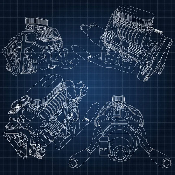 強力な車のエンジンのいくつかの種類のセット。エンジンはケージの暗い青のシートに白い線で描かれました。 — ストックベクタ