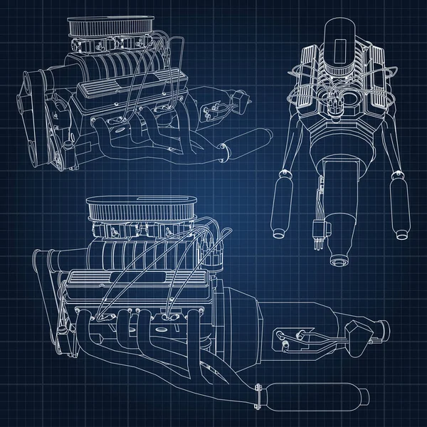 A set of several types of powerful car engine. The engine is drawn with white lines on a dark blue sheet in a cage — Stock Vector