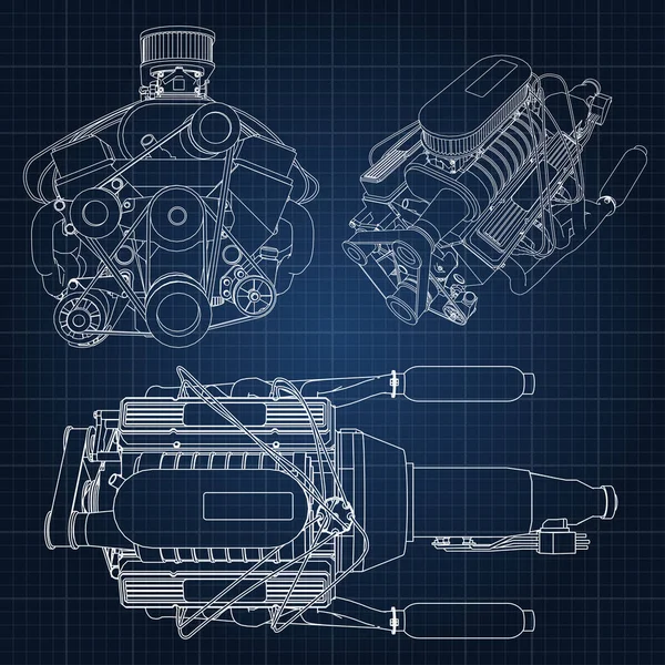 A set of several types of powerful car engine. The engine is drawn with white lines on a dark blue sheet in a cage — Stock Vector