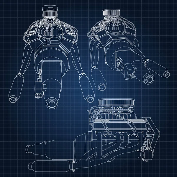 Güçlü araba motoru çeşitli türleri kümesi. Motor ile beyaz çizgiler bir kafes içinde bir koyu mavi kağıda çizilir