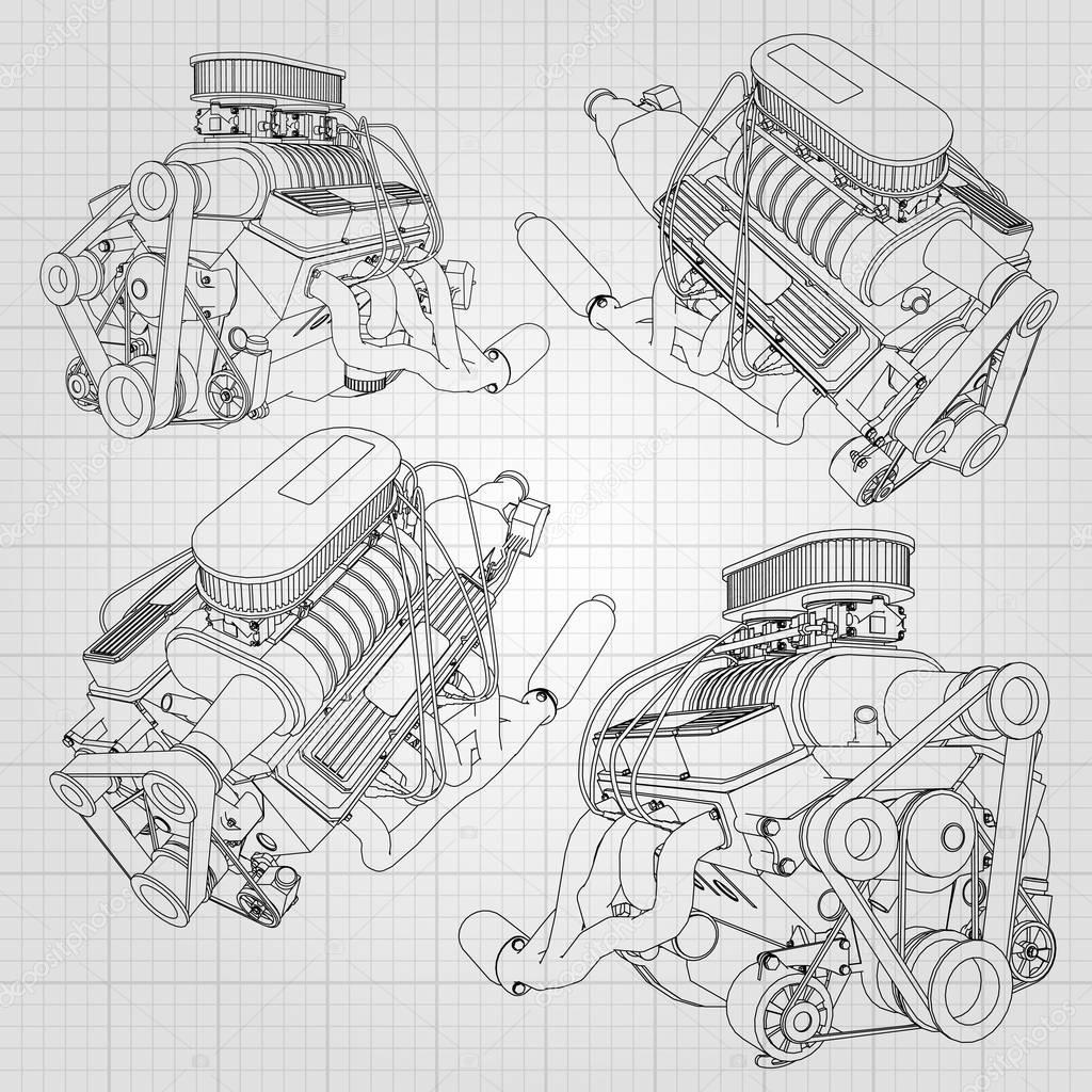 A set of several types of powerful car engine. The engine is drawn with black lines on a white sheet in a cage
