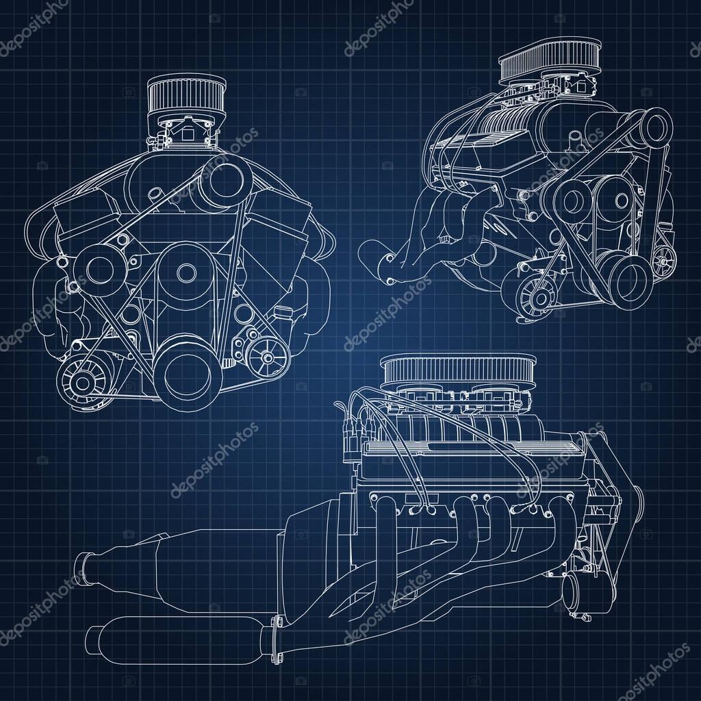 A set of several types of powerful car engine. The engine is drawn with white lines on a dark blue sheet in a cage.
