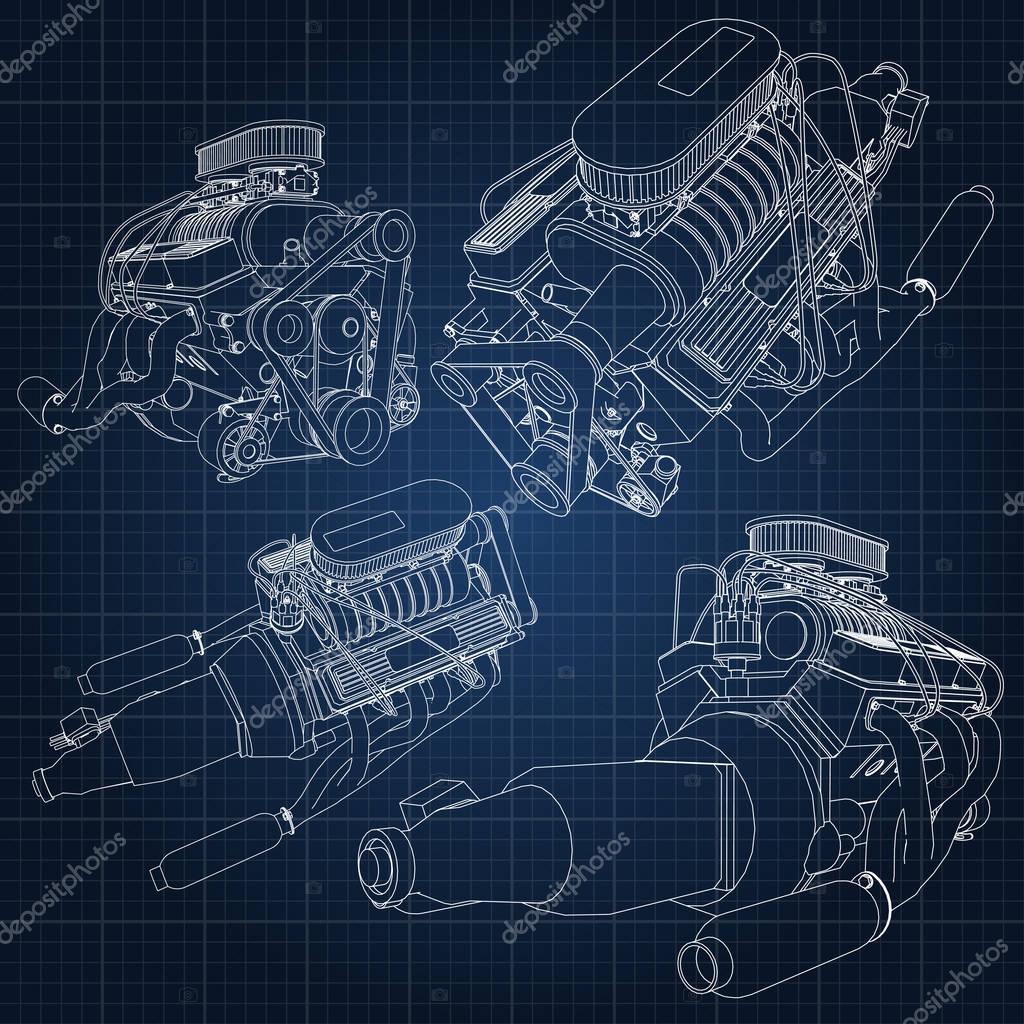 A set of several types of powerful car engine. The engine is drawn with white lines on a dark blue sheet in a cage.